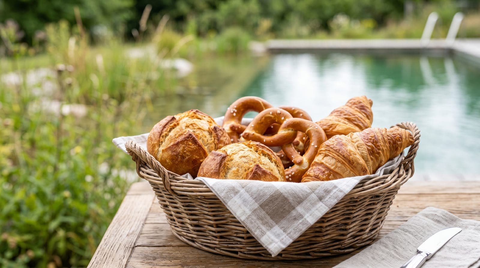 Korb mit frischen Brezen, Semmeln und Croissants